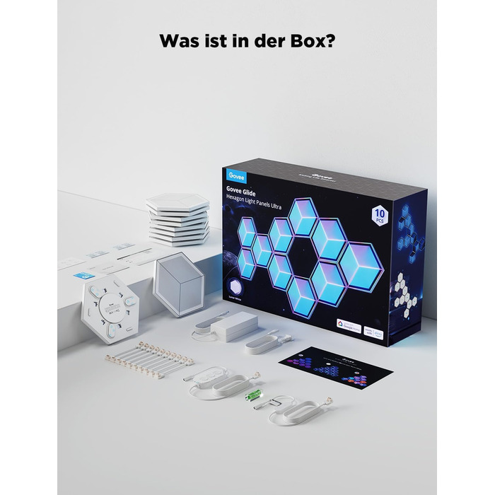 Світильник Govee Glide Hexagon Light Ultra, 3D RGBIC, Wi-Fi, 129 LED, сумісний з Alexa, 60 режимів, для геймерської кімнати, стіни, декору, 10 панелей, білий