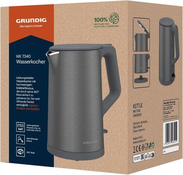 Електрочайник Grundig WK 7340, 2150 Вт, 1,5 л, нерж. сталь, подвійна стінка, авто-вимкнення, Dark Inox