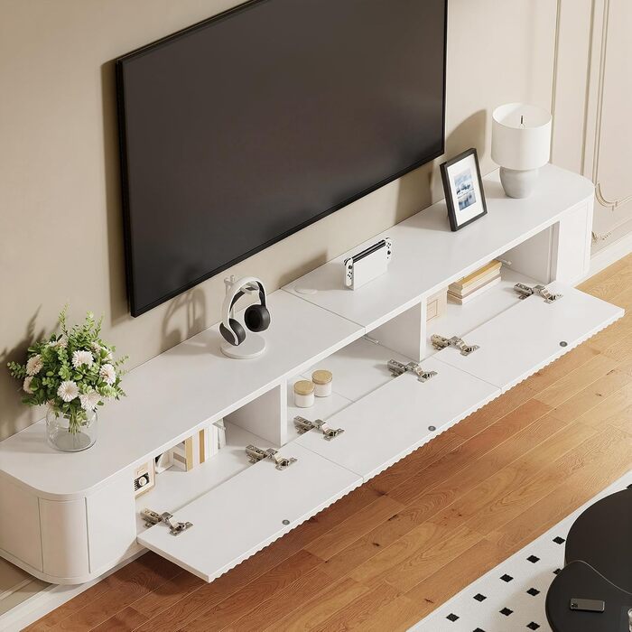 Підвісний TV-тумба YITAHOME 140 см з RGB LED підсвіткою, біла глянцева медіаконсоль для вітальні та спальні (180x25x20 см)