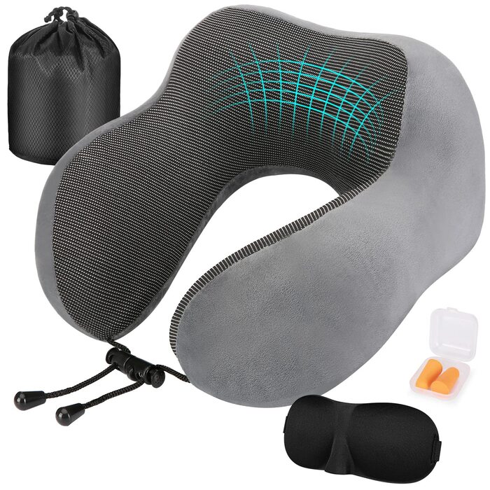 Ергономічна дорожня подушка для шиї Eono з ефектом пам'яті (Memory Foam) у комплекті з маскою для сну, берушами та сумкою, темно-сіра