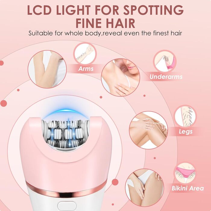 Електричний епілятор 6-в-1 для жінок, бездротовий, з LED-дисплеєм, для вологого та сухого використання, з насадками: пілінг, очищення, масаж, рожевий
