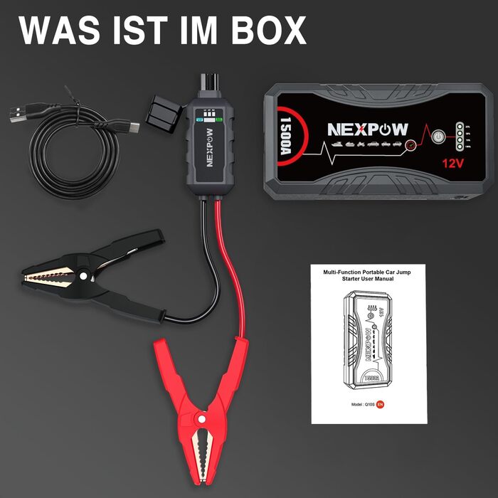 Powerbank Starthilfe NEXPOW 1500A: Зарядний пристрій для автомобіля, стартер, LED ліхтарик, USB, 12V, 1500A
