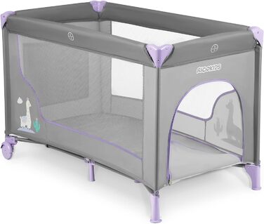 Дитяче ліжечко-манеж Ricokids, складане, 125x65x78 см, 15 кг, з матрацом і колесами, бічний вхід, світло-сірий та лавандовий