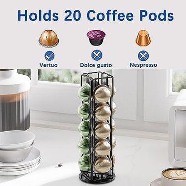 Тримач для капсул Nespresso Vertuo Sevenline - органайзер для 20 капсул, поворотний на 360 градусів (сріблястий/чорний)