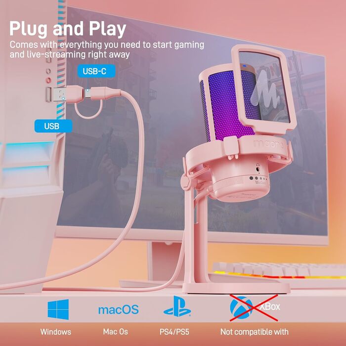 MAONO Ігровий конденсаторний мікрофон для ПК, шумозаглушення, USB, для стрімінгу, подкастів, студії, з RGB підсвічуванням, для PS5/PS4/Mac, сенсорна кнопка вимкнення, регулятор гучності, рожевий
