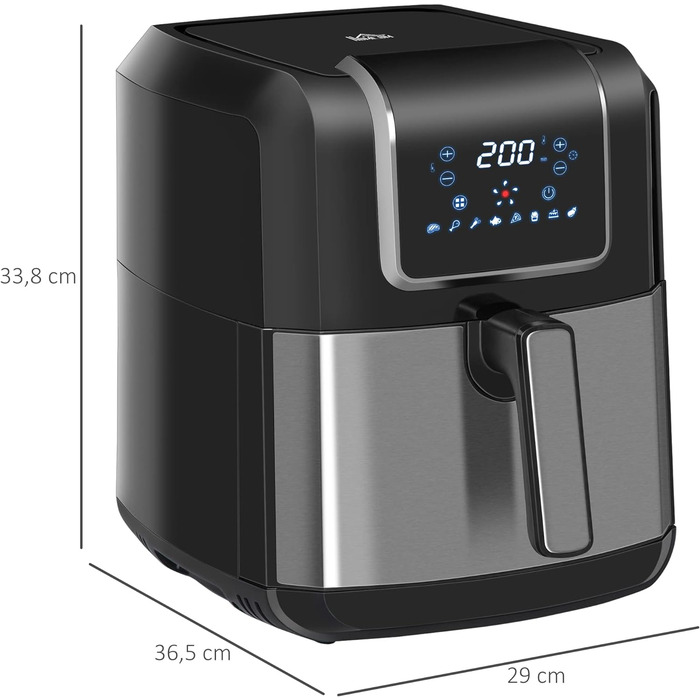Аерофритюрниця HOMCOM 6,5 л, 1700 Вт, 8 програм, LED-дисплей, антипригарний кошик, для здорового приготування без олії, чорна