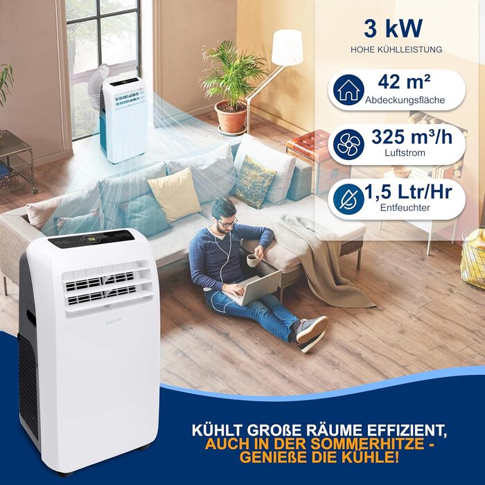 Мобільний кондиціонер SereneLife 9000 BTU 4-в-1: охолодження, обігрів, вентилятор і осушувач повітря, з пультом ДУ, для кімнат до 20 м², білий, комплект для віконного монтажу