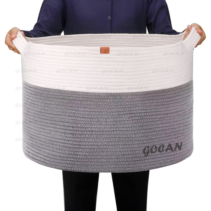 Великий кошик GOCAN XXXL з бавовняного канату 55х35 см, світло-сірий, плетений кошик для зберігання речей, іграшок, пледів, рослин, подушок, з ручками, для вітальні та дитячої