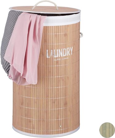 Кошик для білизни Relaxdays з бамбука, 50 л, круглий, з кришкою, мішком, складаний, 60x35 см, натуральний