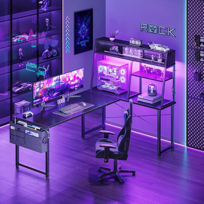 Ігровий стіл Coleshome L-подібний з LED підсвіткою, кутовий стіл з полицями та кишенями для зберігання, реверсивний стіл для геймерів та домашнього офісу, чорний (150x100 см)