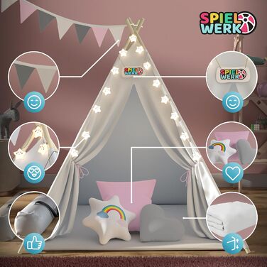 Ігровий намет-вігвам Spielwerk для дітей, 130x130 см, з килимком, гірляндою, подушками, бавовна, дерево, бежево-рожевий, для дому
