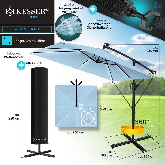 Гарматний парасоль KESSER Holly прямокутний з LED-підсвіткою на сонячній батареї, алюмінієвий, з ручкою-кривошипом, стійкою, чохлом, вітрозахистом, водостійкий, діаметр 350 см, світло-блакитний, для саду, з УФ-захистом