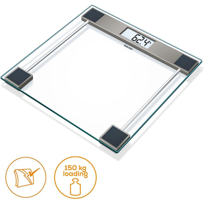 Ваги підлогові Beurer Cristal GS 11, скляні, електронні, LCD-дисплей, до 150 кг, прозорі
