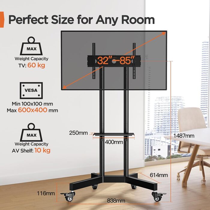 Переносна стійка Perlegear для телевізорів 32-85" (плазма/LCD/LED) до 60 кг, мобільна підставка на колесах із поличкою, регулювання висоти, VESA 600x400 мм