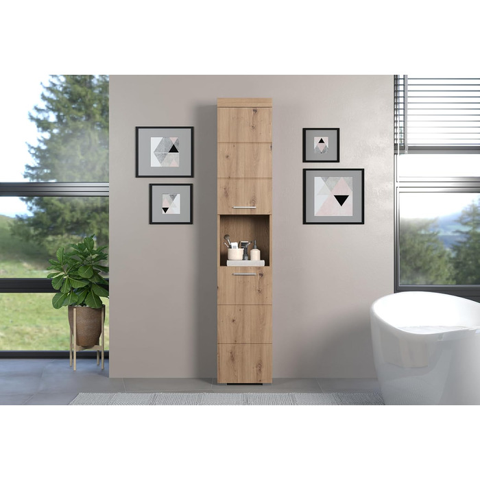 Висока шафа для ванної кімнати trendteam Amanda, 37x190x31 см, колір дуб Асте, Badschrank, сучасний дизайн