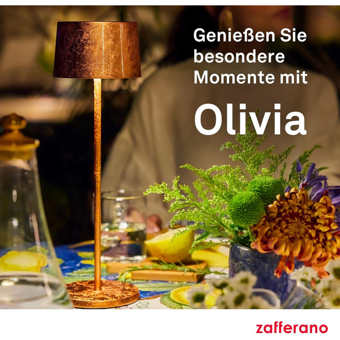 Zafferano Olivia Pro - портативна та перезарядна лампа для дому та саду, сенсорне керування, регулювання яскравості, 35 см, колір міді