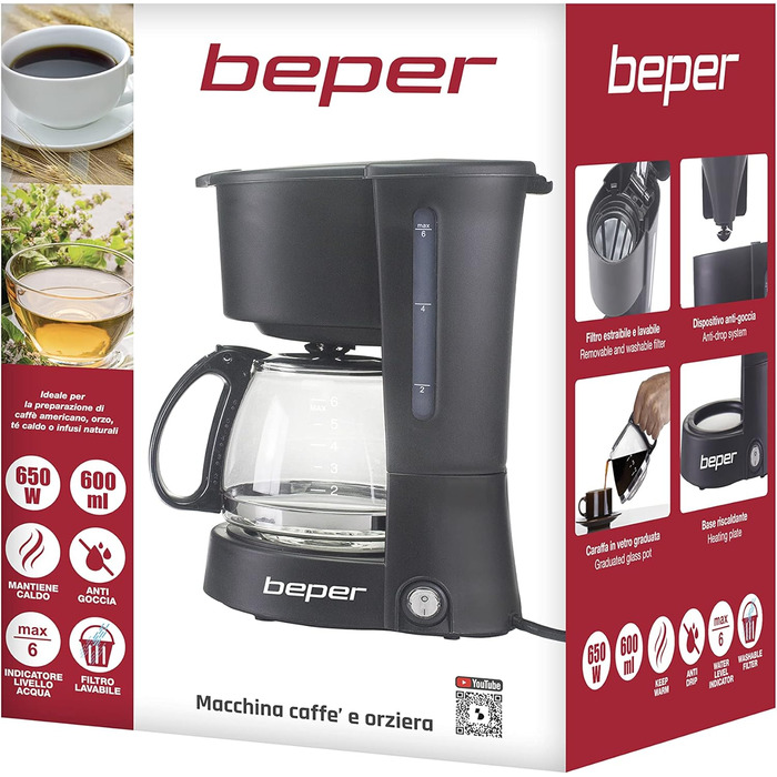 Кавоварка BEPER BC.060 Americano 600 мл, ABS, чорна