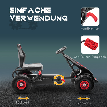 Дитячий карт, Kinder Gokart, з педальним приводом, регульоване сидіння, для використання в приміщенні та на вулиці, від 5 років, червоно-чорний, 121 x 58 x 61 см