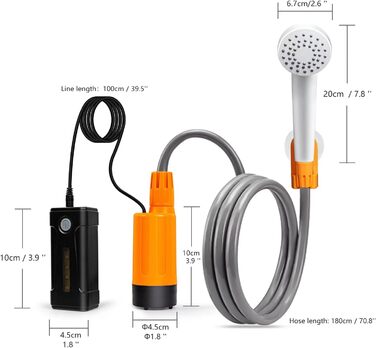 Портативний душ koopsmate для кемпінгу з LED-підсвіткою, акумулятором, дві батареї, душова насадка і шланг, для кемпінгу, саду та миття авто, помаранчевий