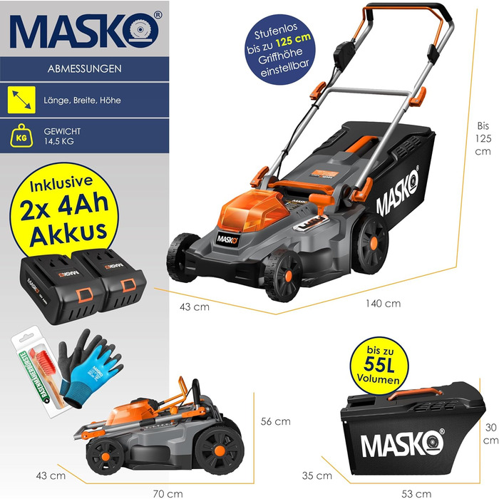 Акумуляторний газонокосарка MASKO з функцією мульчування, 2 акумулятори Li-Ion 4Ah, подвійний зарядний пристрій, триммер, ширина косіння 37 см, 6 положень висоти, кошик 40 л, площа до 600 м², в комплекті рукавички та щітка (ширина косіння 43 см, чорний/по