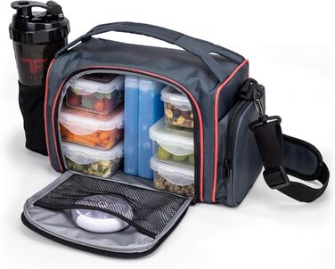 Ізотермічна ланчбокс з 6 контейнерами для їжі – BPA-Free, багаторазовий, підходить для мікрохвильової печі та морозильної камери – ланч-сумка з шейкером, органайзером для пігулок, плечовим ременем та охолоджувальними пакетами – червона сумка-холодильник