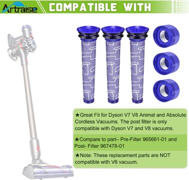 HEPA-фільтри Artraise V8 для Dyson V8/V7, комплект 6 шт (3 післямоторних, 3 передмоторних), змінні фільтри для пилососів Dyson Animal/Absolute, сумісність DY-96566101, DY-96747801