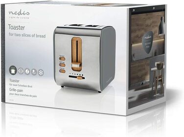 Тостер Nedis Soft Touch на 2 скибки, 6 режимів підсмажування, функції підігріву, розморожування та зупинки, для тостів, бейґлів, мафінів, сірий