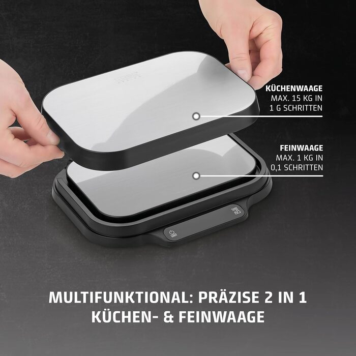 Кухонні ваги 2 в 1 CASO KitchenDuo: електронні ваги до 15 кг (крок 1 г) та високоточні ваги до 1 кг (крок 0,1 г), функція Hold, сталева поверхня