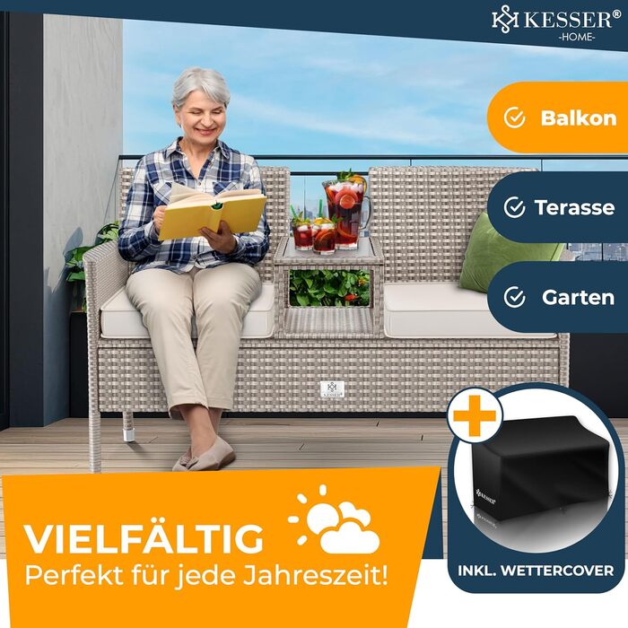 Садова банкетка KESSER® з ротангу на 2 особи з інтегрованим столиком, 143×63×88 см - стійка до погодних умов, комплект з подушками та чохлами (сірий)