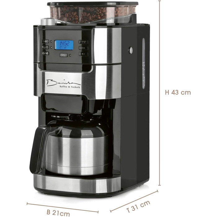 Кавомашина Barista Filterkaffeemaschine з регульованим млинком та скляною кавою | Функція підігріву, таймер 24 год та постійний фільтр | Для 10 чашок кави | Кавомашина для зерен та меленої кави [Нержавіюча сталь] (5) Нержавіюча сталь - термокава - з млинк
