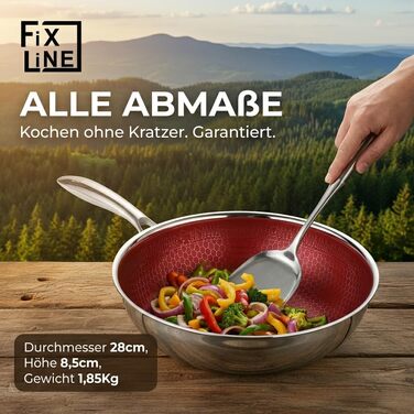 Сковорода-вок FIXLINE® Black Forest 28 см, антипригарне покриття без PTFE, для всіх типів плит (включаючи індукцію), підходить для духовки до 230°C, червона