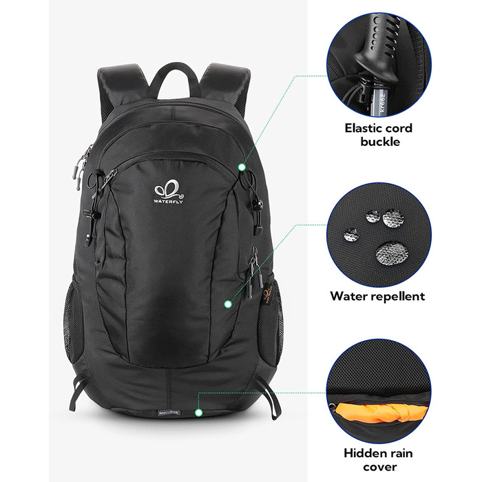 Водонепроникний рюкзак WATERFLY 30 л для трекінгу, подорожей і походів, універсальний туристичний рюкзак для чоловіків та жінок, чорний