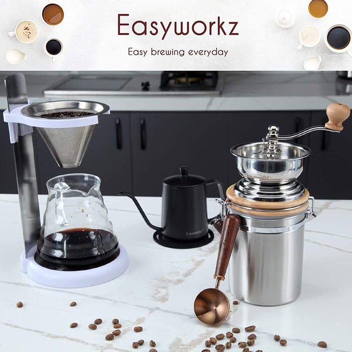 Ручна кавомолка Easyworkz з нержавіючої сталі, регульоване помел, для еспресо та пуровера, срібляста