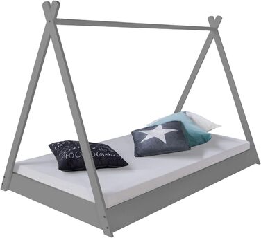 Дитяче ліжко Homestyle4u 90x200 см, тіпі, сіре-біле, зірки, дерев'яна сосна