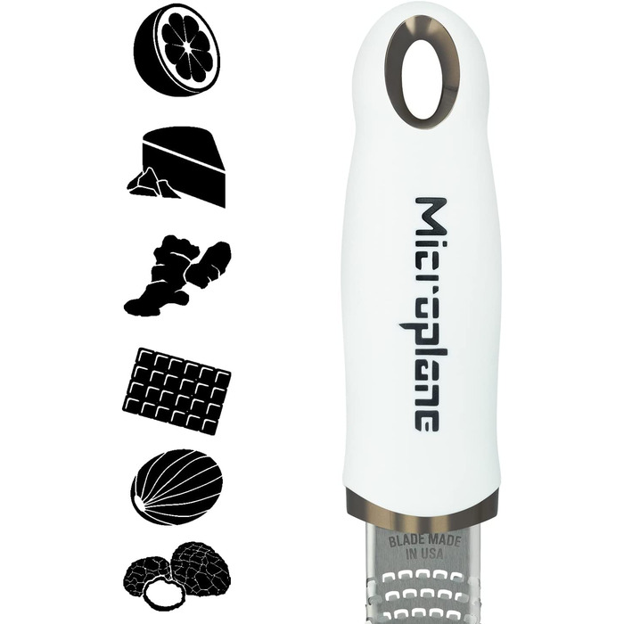 Терка Microplane для цитрусових, твердого сиру, імбиру, шоколаду та мускатного горіха, біла, з тонким лезом із нержавіючої сталі, 325x35x30 мм, вироблено в США