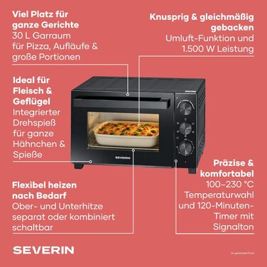 Міні-піч Severin TO 9020 з конвекцією та вертелом для м'яса, 30 л, 1600 Вт, чорна