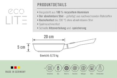 Сковорода Woll Eco Lite 20 см, індукційна, знімна ручка, алюмінієвий литий корпус, для всіх типів плит, для духовки, чорна, 100% перероблений алюміній