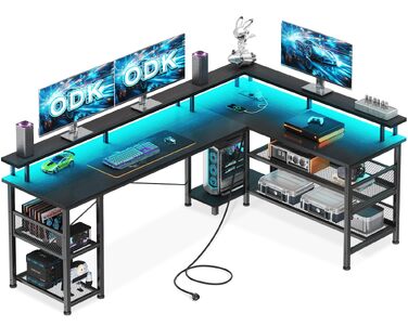 Ігровий кутовий стіл ODK з LED-підсвіткою та USB-портом, 168×120 см, вуглецеве волокно, чорний