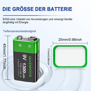 Акумулятор 9V Li-ion 1300mAh з USB-C зарядкою, перезаряджувана батарея типу «Крона» для мультиметрів та датчиків диму (2 шт)