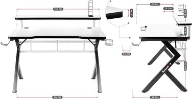Ігровий стіл Huzaro Hero 5.0 White, 120x60 см, з моніторною підставкою, гачком для навушників, підсклянником, кабель-органайзерами, карбоновою стільницею, білий