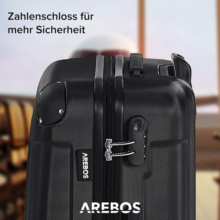 Набір валіз Arebos 4 шт. з ABS-пластику, жорсткий корпус, телескопічна ручка, кодовий замок, 360° колеса, розміри S-M-L-XL, чорний