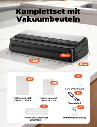 Вакууматор побутовий 85 кПа з вбудованим ножем, шлангом та роликом для пакетів, для харчових продуктів + 40 пакетів 28x600 см