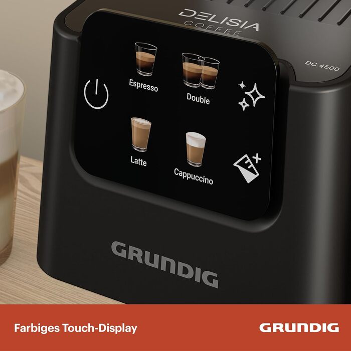 Еспресо-кавоварка GRUNDIG KSM 5330 з молочним контейнером, 1628 Вт, 15 бар, двійна насадка, сенсорний дисплей, BrewSense, CreamyPro, нержавіюча сталь/чорна
