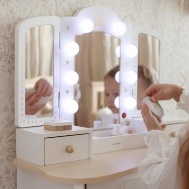 Детський туалетний столик Mamabrum XXL з дерева з пуфом та LED-дзеркалом – для дівчаток віком від 3 років з висувною шухлядою та аксесуарами для краси – ігровий набір та письмовий стіл MAM240 DRESSER
