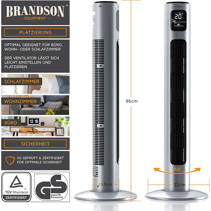 Вентилятор підлоговий Brandson Turm 96 см з пультом, 3 швидкості, 3 режими, таймер, сірий (Silverline) - мобільний, тихий, з осциляцією