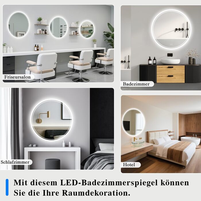 LED-дзеркало для ванної кімнати з підсвічуванням, кругле, 50 см, сенсорне керування, регулювання яскравості, функція пам'яті, дзеркало з HD-скла, захист від вибуху, запобігання запотіванню, 3 кольори світла, 60x60 см