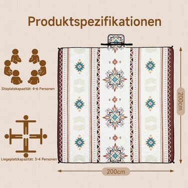 Водонепроникний плед для пікніка HAUSPROFI 200x200 см, ізольована тришарова ковдра для кемпінгу та пляжу, стійка до розривів, з ручкою та фіксаторами