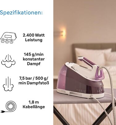Парова система прасування Braun CareStyle 5 IS5247VI з технологією FreeGlide 3D, 2400 Вт, вертикальне прасування, резервуар 2 л, фіолетовий