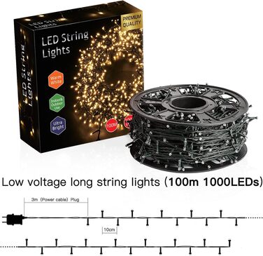Світлодіодна гірлянда Avoalre для зовнішнього використання 100м, 1000 LED (теплий білий колір) для різдвяного декору та вулиці