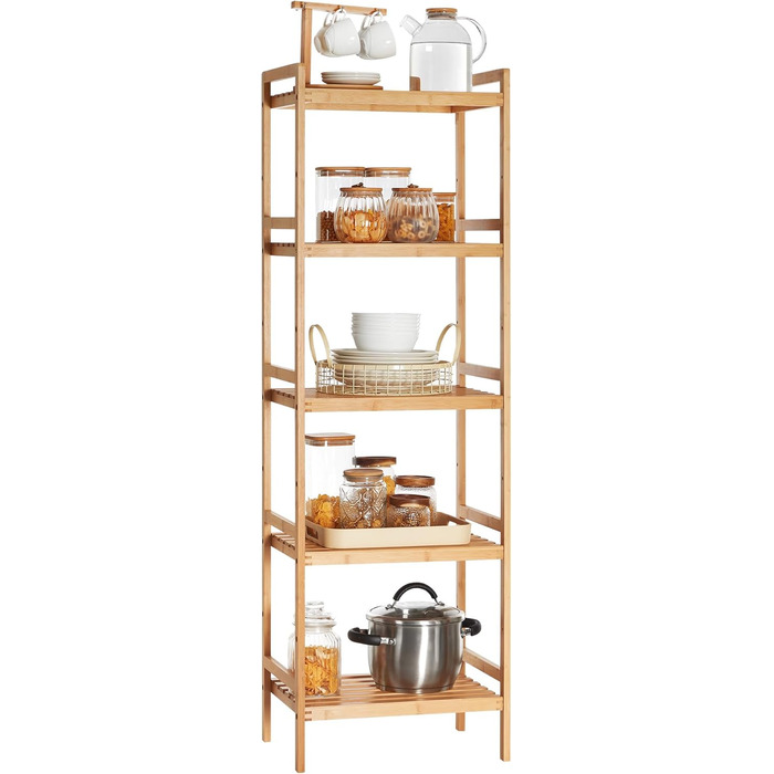 SONGMICS Regal Bambus, 5 поличок, 31.5 x 45 x 142 см, для ванної, кухні, вітальні, спальні, балкону, натуральний колір + білий